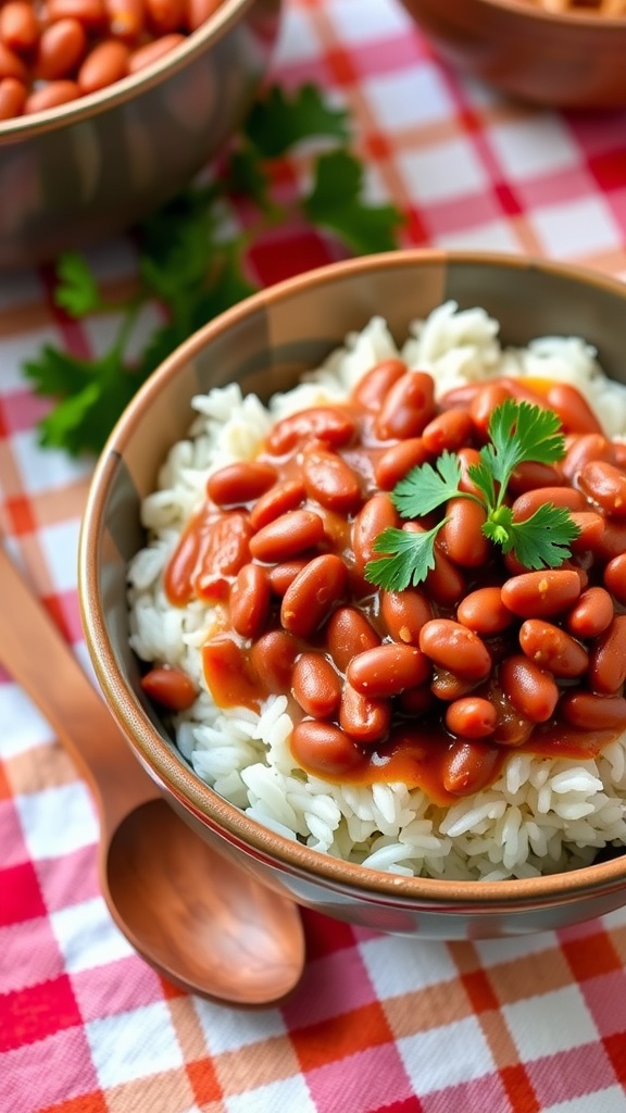 A bowl of red beans and rice with parsley garnish on a checkered tablecloth.